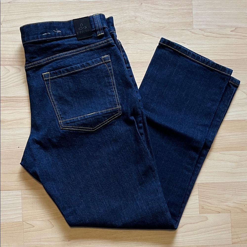 prAna Feener Straight Fit Jeans Men's 34 x 29 Blue Indigo Wash Organic Cotton